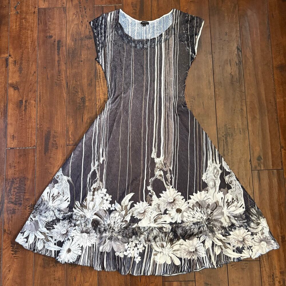 Komrarov Sleeveless Dress Womens L Gray Floral Crinkle Whimsigoth Vintage